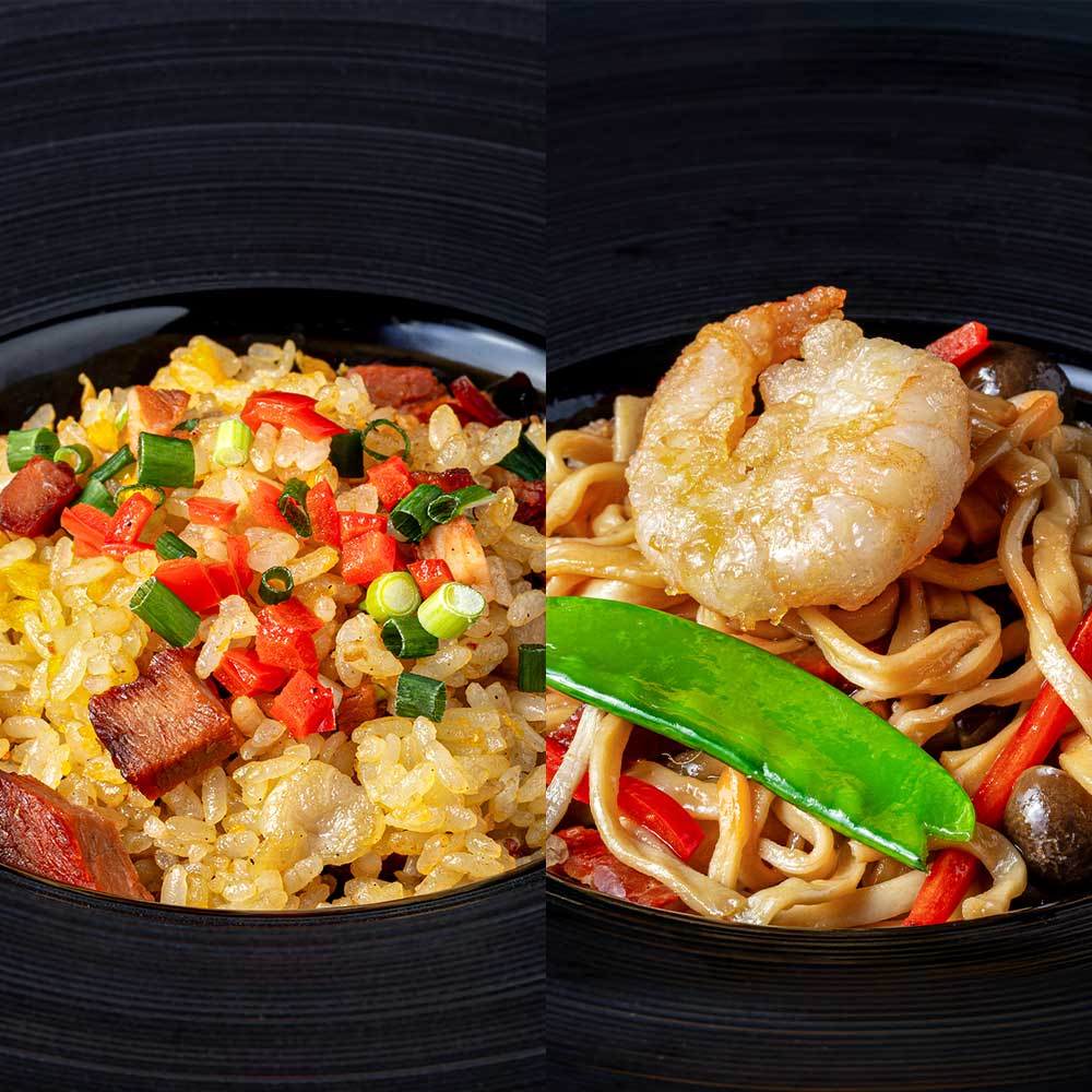 華味鳥と釡焼き叉焼のエスニック炒飯　or　海老と叉焼の伊府麺