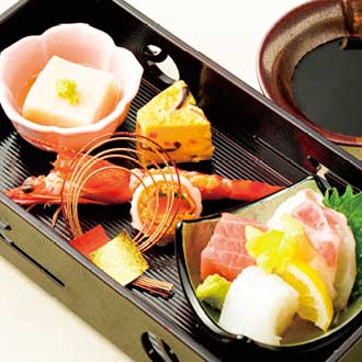 豆乳湯葉豆腐 海老金山寺味噌焼き 絹田巻 袱紗焼(ふくさやき) 鯛 鮪赤身 水烏賊