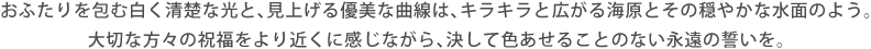 おふたりを包む白く清楚な光と、見上げる優美な曲線は、キラキラと広がる海原とその穏やかな水面のよう。大切な方々の祝福をより近くに感じながら、決して色あせることのない永遠の誓いを。