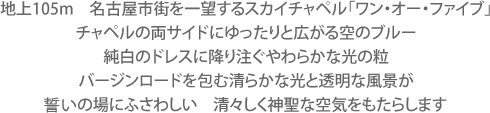 まぶしいほどの真っ白な空間に空高く舞い上がる鳥の羽をモチーフにした全長6mにおよぶ巨大なカーテンが圧巻の、大空と太陽を身近に感じられる市内一高いスカイチャペル。