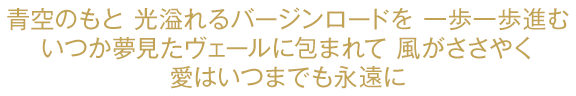 青空のもと 光溢れるバージンロードを 一歩一歩進む いつか夢見たヴェールに包まれて 風がささやく 愛はいつまでも永遠に